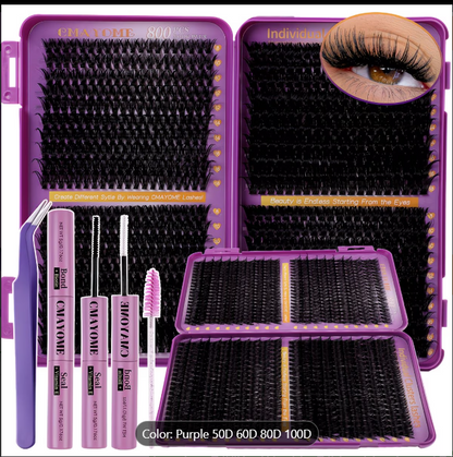DIY Cluster Lash Extension Kit – 800pcs with Bond & Seal (50D 60D 80D 100D)