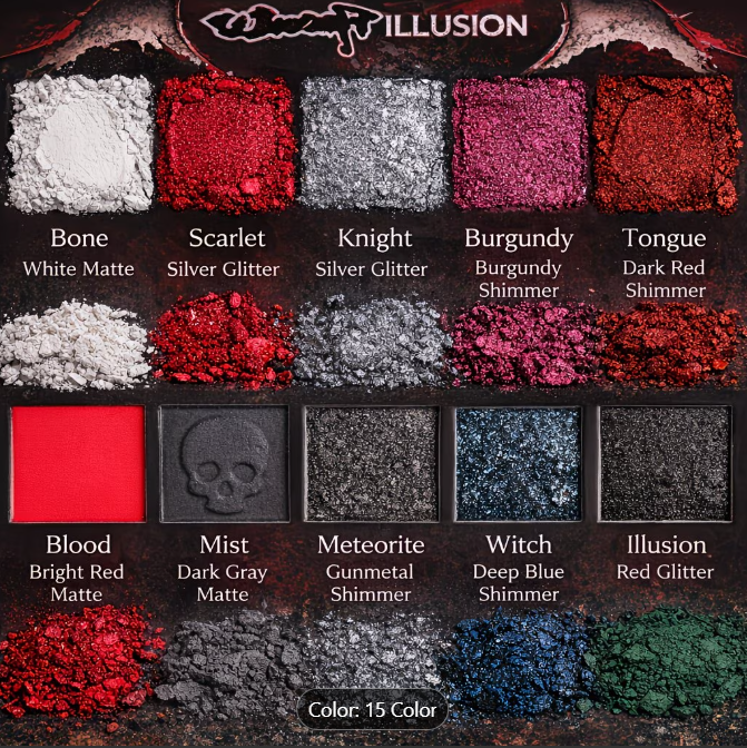 Gothic Glam Eyeshadow Palette – 15 Colors | Red, Black & Silver Makeup