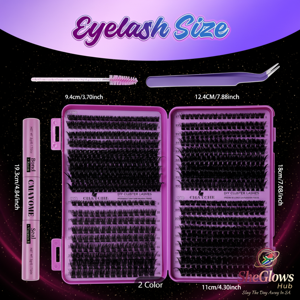 SheGlows Hub Eyelash Size Guide – Dark Theme Branded