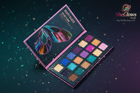 SheGlows Hub – Beauty Glazed Palette Teal & Purple Background