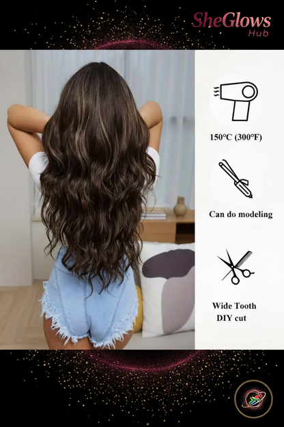 Long Wavy Brown Highlighted Wig with Bangs – Heat Resistant & Naturally Realistic