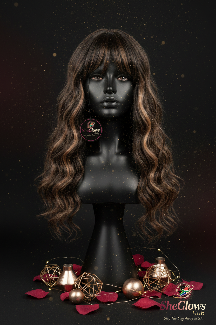 Long Wavy Brown Highlighted Wig with Bangs – Heat Resistant & Naturally Realistic